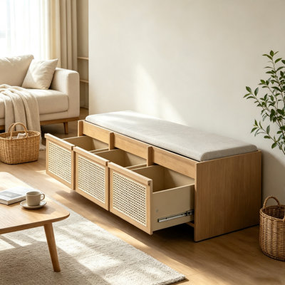 Banc de rangement pour chaussures 48 pouces avec tiroirs en rotin et coussin rembourré