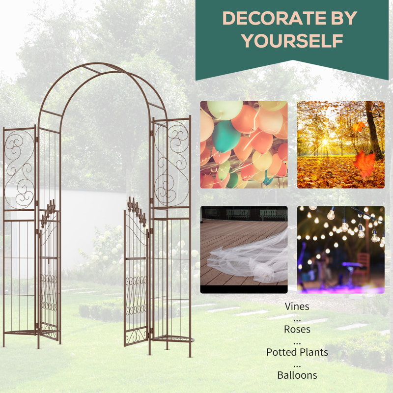 Brown Metal Garden Arbor with Fleur De Lis Motif and Gate