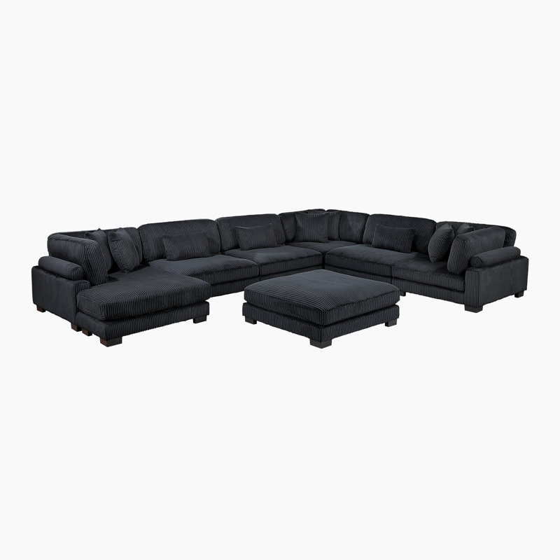 Hulett 135" Modern Modular Sectional with Corduroy Fabric, Adjustable Backrests & 9 Pillows, Black Corduroy