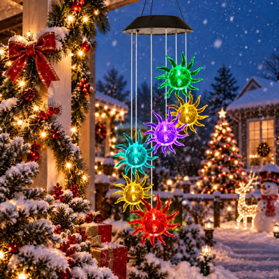 Carillon éolien solaire de 63,5 cm (25 pouces) à couleurs changeantes, étanche, décoration de jardin extérieure, cadeau idéal pour Noël