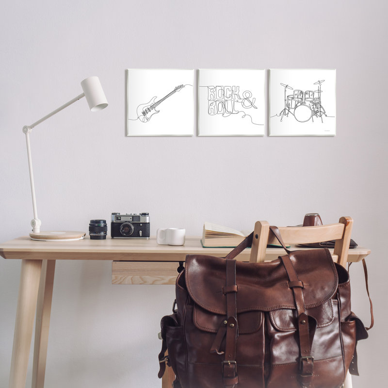 Rock and Roll, Doodles, par Sally Swatland - ensemble de 3 impressions, H 12 po x l 36 po x P 0,5 po, Bois