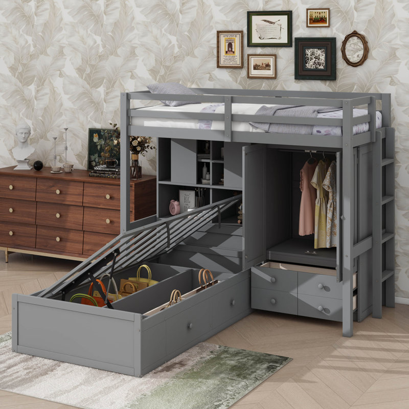 Lit superposé simple équipé d'un lit relevable hydraulique, d'une armoire, d'unités de rangement et de tiroirs, Gris
