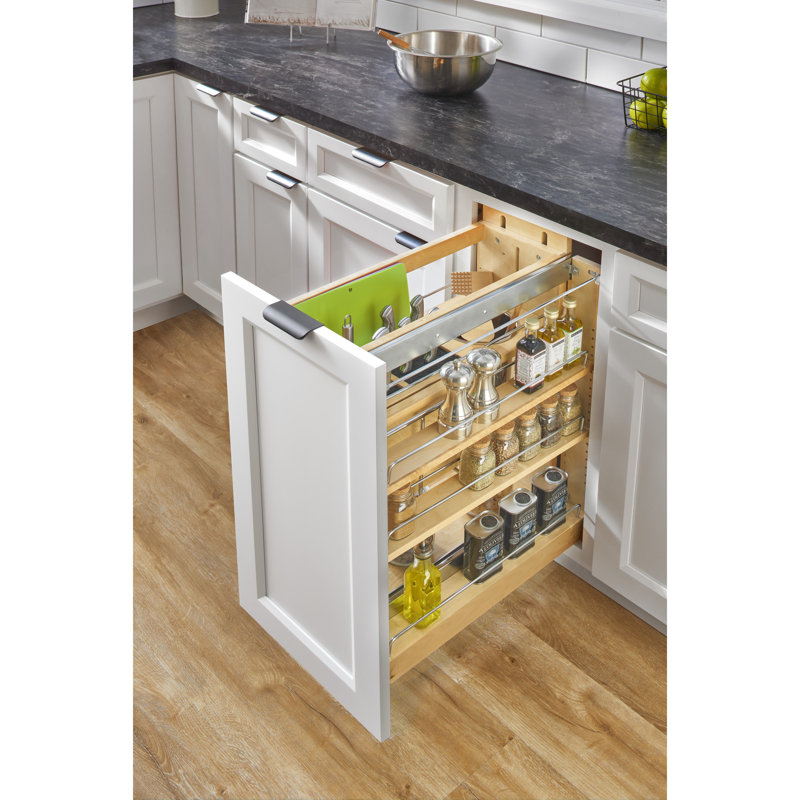 Light Brown Wood and Chrome Base Cabinet Pullout Organizer