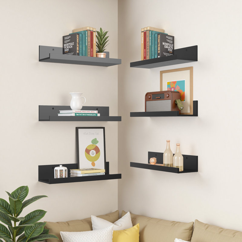 Set 6 Floating Wall Mounted Wooden Shelves, Shelves For Wall Decor, Black, Black
