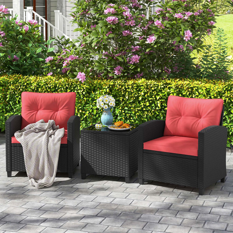 3 Pcs Patio Furniture Set With Tempered Glass Coffee Table Washable Cushions, Red