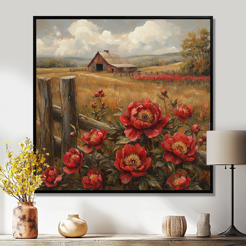 Art mural rétro pour pivoines Crewe par The Barn I - pivoines rouges, H 36 po x l 36 po, Impression encadrée flottante, Noir