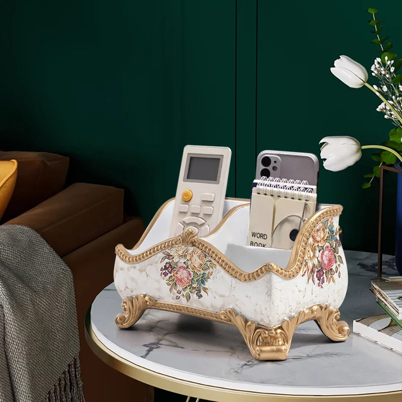 Remote Control Holder, Farmhouse Remote Storage Caddy, Bedside TV Controller Box, Resin Media Organizer Tray for Home Bedroom Table