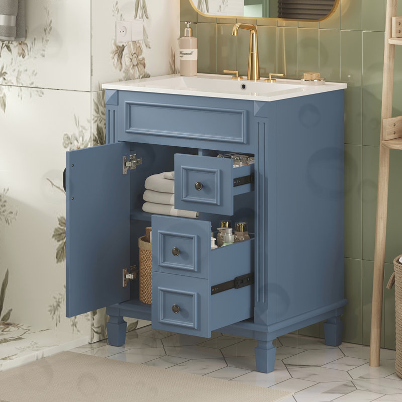 Meuble-lavabo de salle de bain avec lavabo en céramique et tablette réglable, Bleu