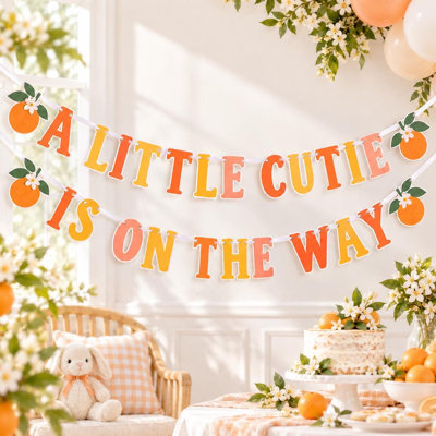 A Little Cutie Is on the Way Full Baby Shower Banner, Orange Garland, Cardstock Party Decor