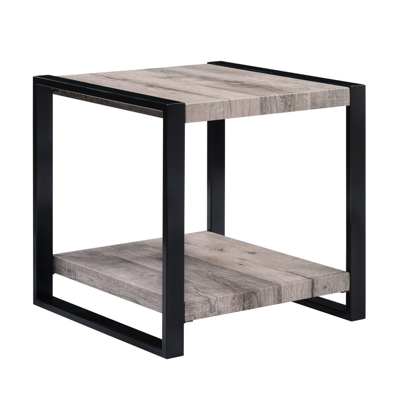 Table de bout carrée avec finition brun rustique et plateau de rangement gris