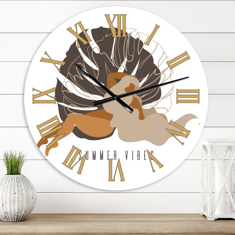Illustration d'une grande femme avec une feuille de palmier - horloge murale moderne, Petit