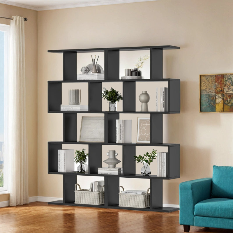 5-tier Geometric Bookcase, S-shaped Modern Bookshelf Set Of 2, 62.6" Tall Room Divider Book Shelf, Decorative Display Shelf