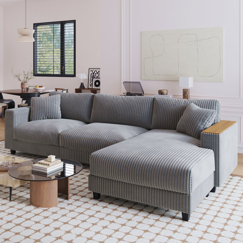 Canapé en velours côtelé 114,5 po avec 2 coussins, Gris