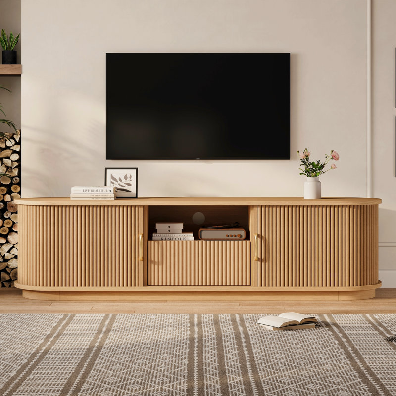 TV Stand For Tvs Up To 75", Sliding Fluted Door Media Console, Rounded Edge Design, Modern Farmhouse, Living Room, Natural