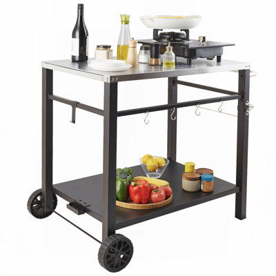 Chariot de salle à manger d'extérieur avec plateau en acier inoxydable, table de préparation de barbecue portative pour four à pizza et service alimentaire, table de travail modulaire à roulettes avec roues et poignée | Idée de cadeau