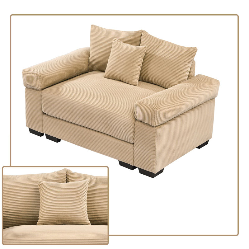 Fauteuil surdimensionné en velours côtelé avec 3 coussins décoratifs, accoudoirs souples et coussin à rebond élevé, Chameau