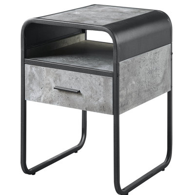 Table d'appoint en béton gris et noir, meuble de salon, bords arrondis, design moderne et élégant en métal, tiroir de rangement, cadre