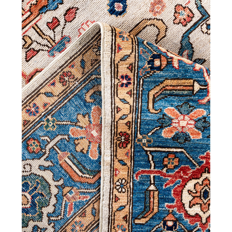 Tapis unique noué à la main Raffin - ivoire 7 pi 11 po x 9 pi 10 po Raffin