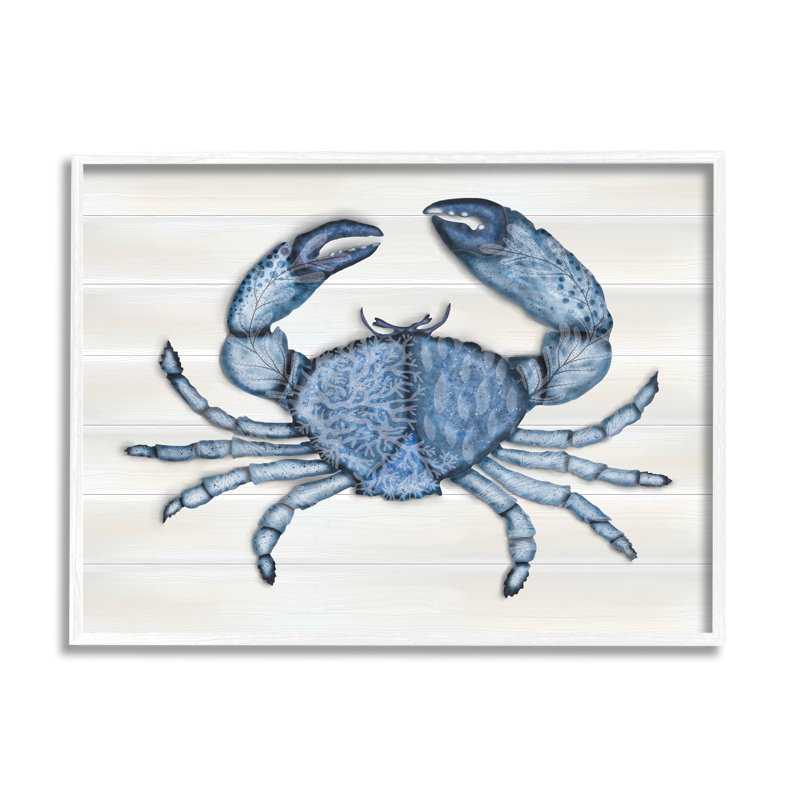 Crabe bleu détaillé granuleux, H 11 po x l 14 po x P 1,5 po, Giclée encadrée blanc bord de mer