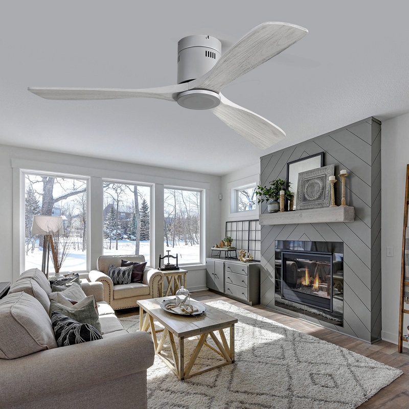 52 Inch Low Profile Ceiling Fan Dc 3 Carved Wood Fan Blade Noiseless Reversible Motor Remote Control Without Light, Silver