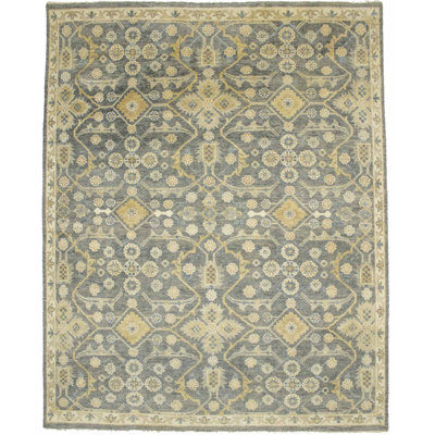 Tapis gris floral en laine noué à la main