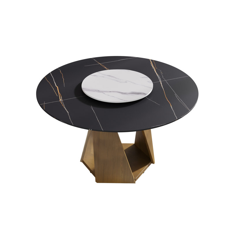 Table de salle à manger ronde 53 po en pierre frittée avec base en métal bronze, Black/White/Gold