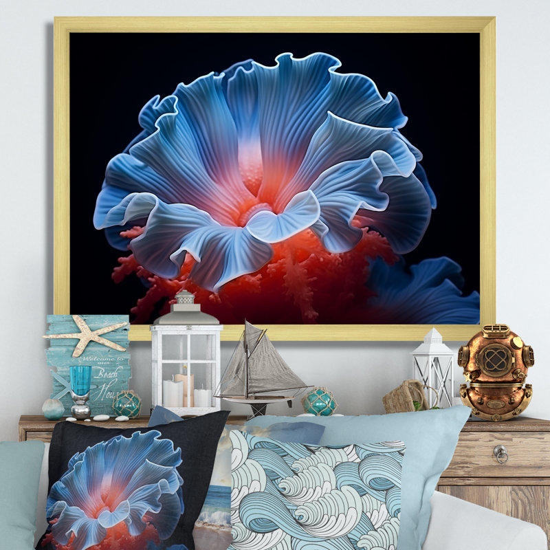 Anémone plumeuse géante bleue et rouge - décoration murale florale, Cadre doré simple, H 34 po x l 44 po x P 1,5 po