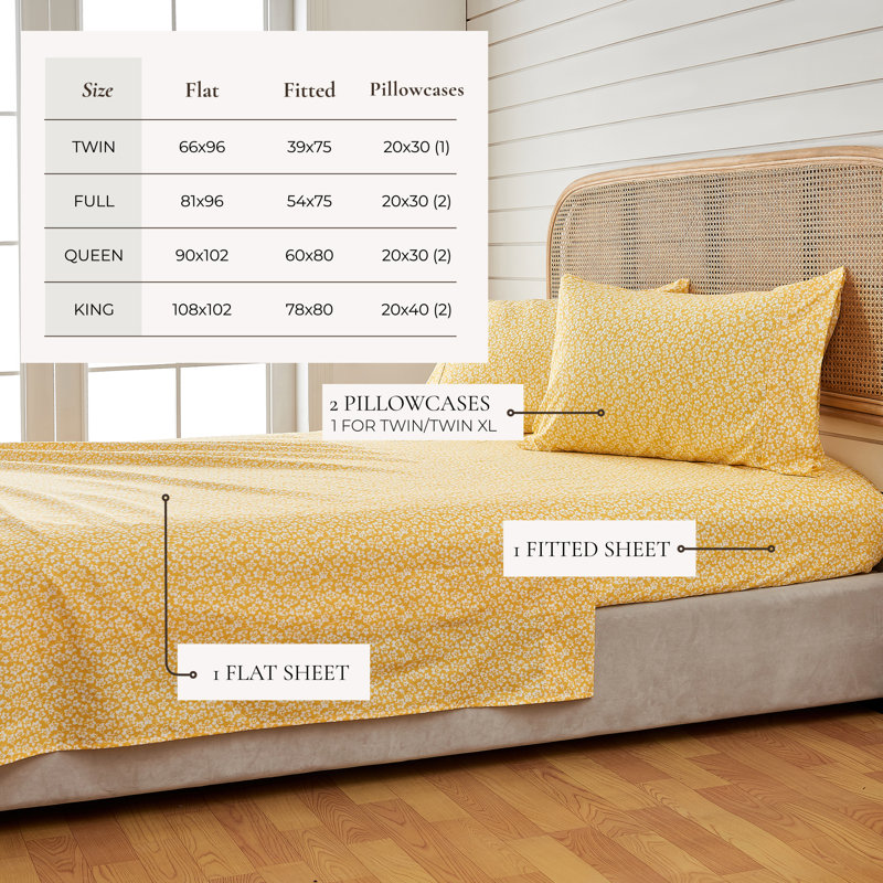 Floral Printed Ultra Soft Microfiber Sheet Set, Full Sheet Set with 2 Pillowcases, Fading Floral