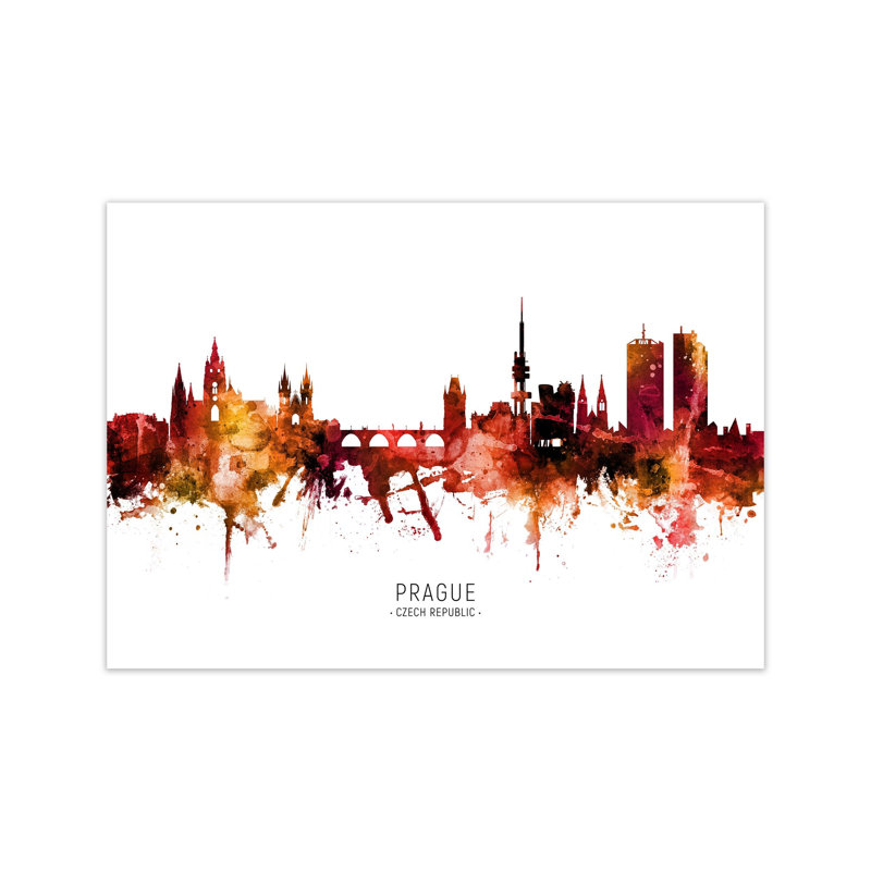 Prague Czech Republic Skyline Red City Name by Michael Tompsett - Print, 30cm H x 42cm W x 1cm D, Unframed