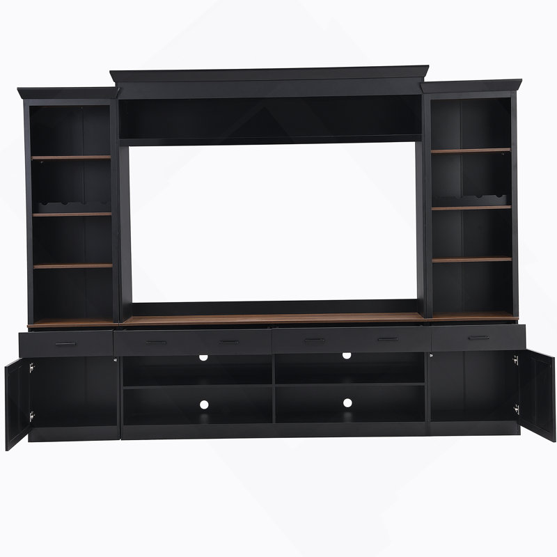 Ensemble de meuble audio-vidéo de style campagnard 4 pièces avec bibliothèque et support à vin, idéal pour présenter des médias et des décorations dans le salon
