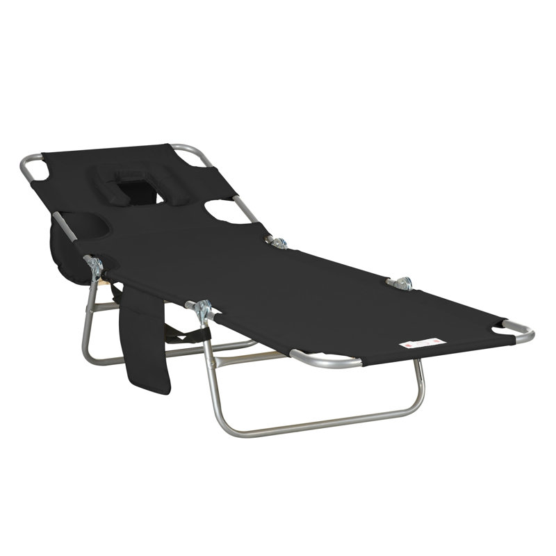 Chaise longue de plage pliante Outsunny avec ouverture pour le visage, réglable sur 5 niveaux, avec coussin et accoudoirs, idéale pour la terrasse, le jardin et la piscine, noire.