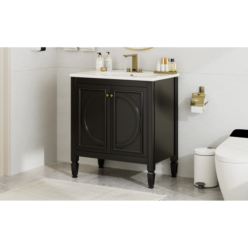 Meuble-lavabo 30 po avec lavabo, deux portes avec tablette, charnières de porte à fermeture en douceur, style rétro, noir, meubles-lavabos, meubles-lavabos