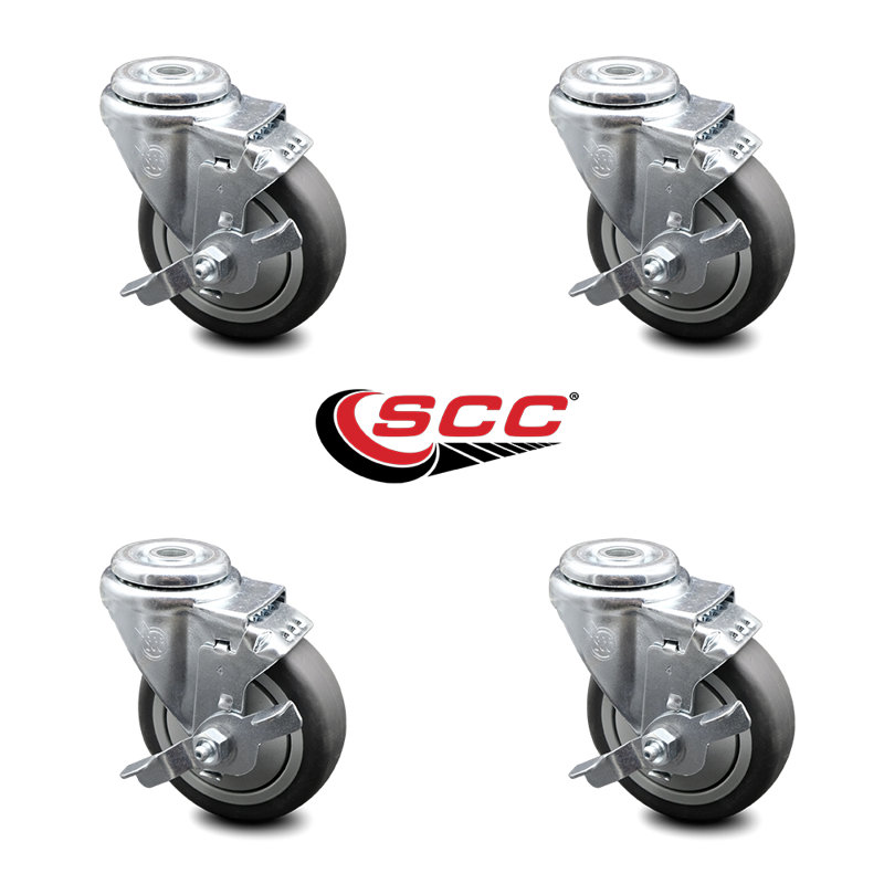 4 Inch Thermoplastic Rubber Wheel Swivel Bolt Hole Caster Set with Brake SCC
