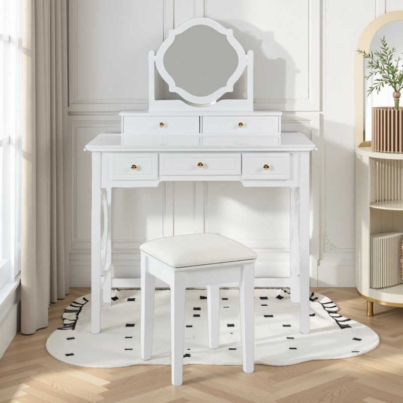 Compact Makeup Vanity Set with Reversible Mirror & Stool - 5-Drawer Dressing Table, Space-Saving Beauty Station for Small Spaces
