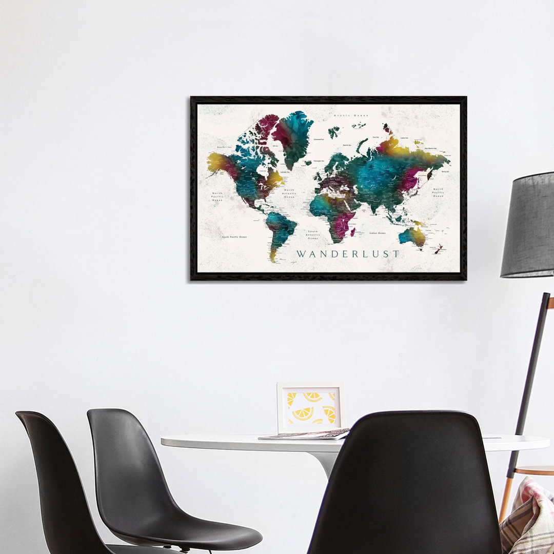 Wanderlust Charleena Detaillierte Aquarell-Weltkarte mit Städten von Blursbyai - Galerie-verpackte Leinwand Giclée auf L...