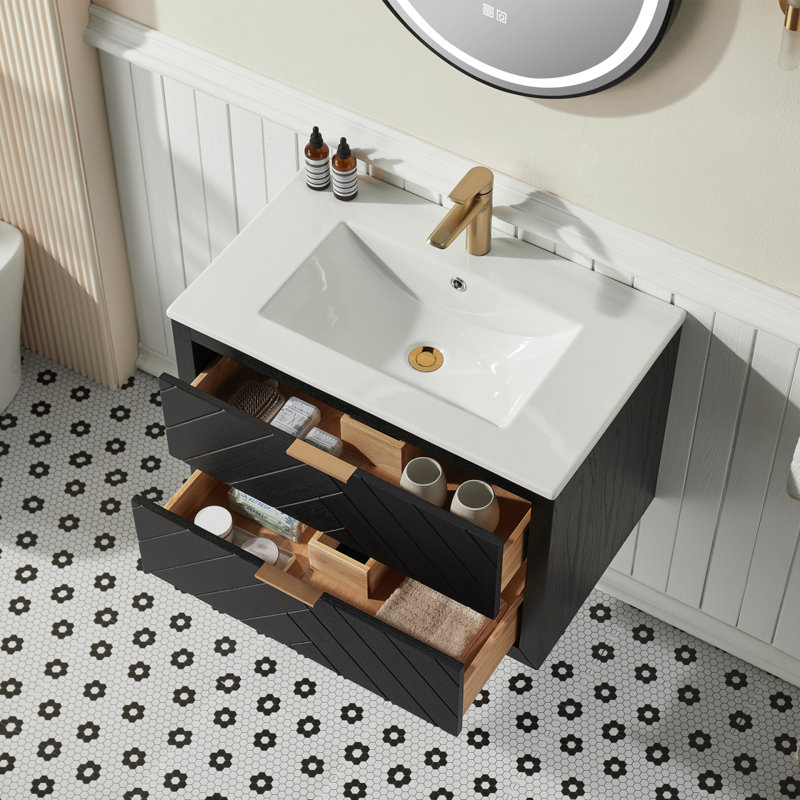 Meuble-lavabo mural simple 30 po avec lavabo en céramique, Noir