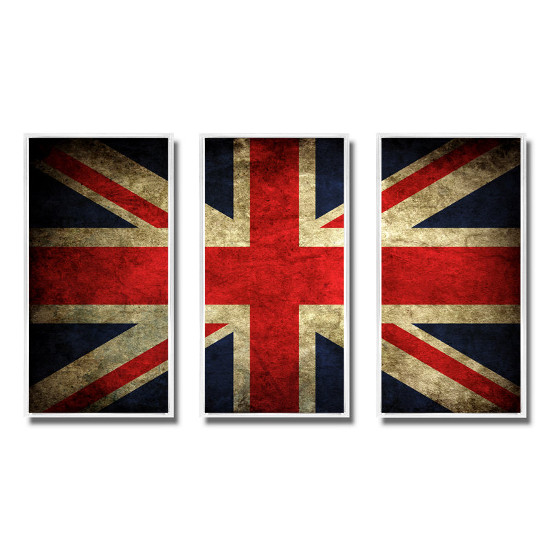 «Vintage UK Flag», ensemble de 3 reproductions d'art sur toile encadrées, L 48 po x H 32 po, Blanc