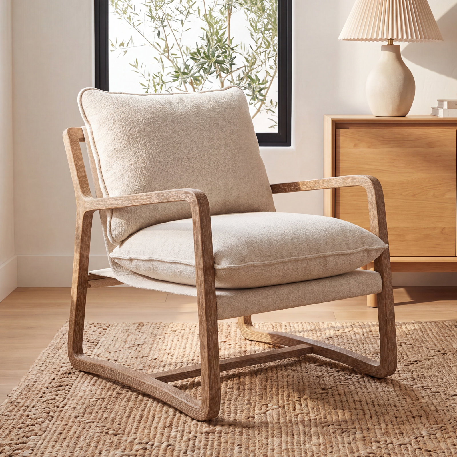 Windy Upholstered Armchair, Beige Polyester, Light Brown