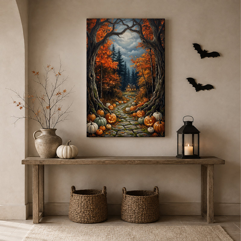 «Glowing Jack O Lanterns on Stone Path Through Halloween», art mural sur toile, H 40 po x l 28 po