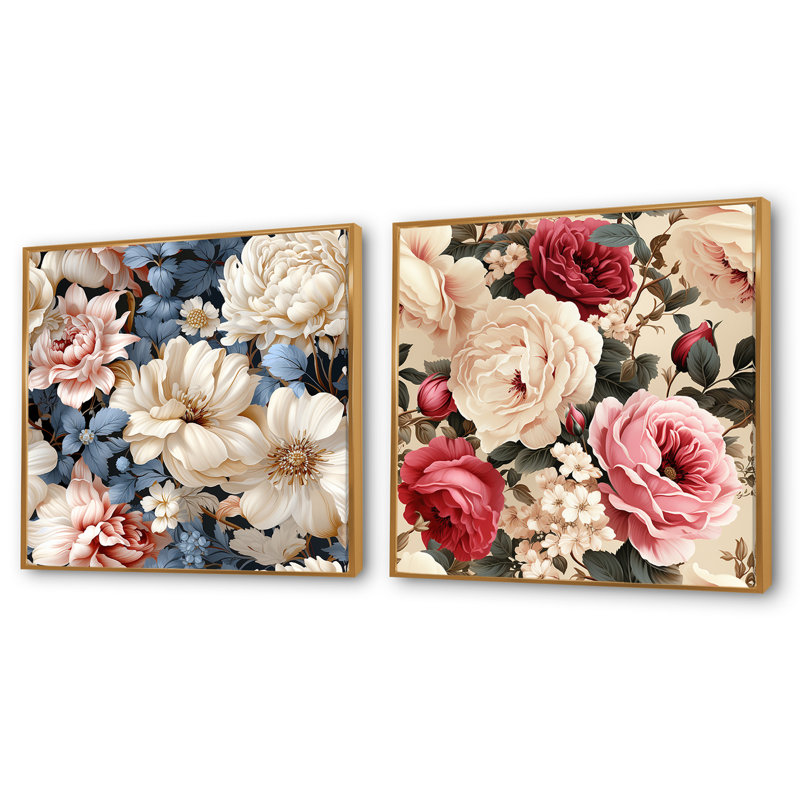 Ensemble de 2 collages floraux rétro à motif floral III, Cadre flottant doré, H 16 po x l 33 po