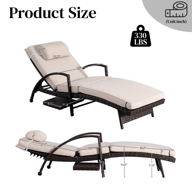 2 Piece Outdoor Wicker Chaise Lounge Set Adjustable Pool Lounge Chairs with Cushions and Built-in Side Table, Beige