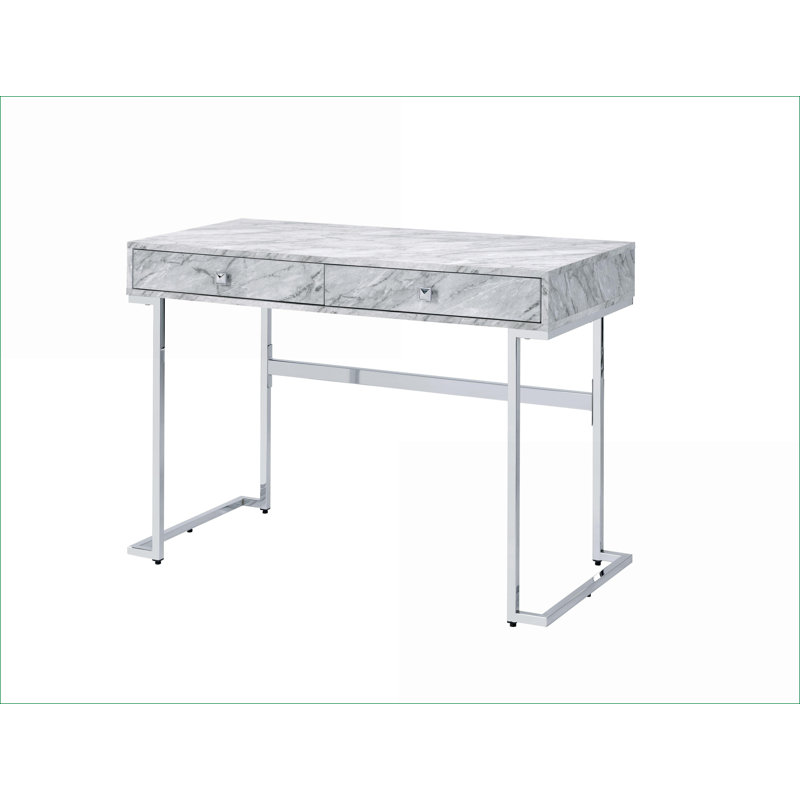 Bureaux, bureau d'écriture moderne avec 2 tiroirs de rangement - plateau en faux marbre blanc Finition chromée | Blanc | Faux marbre