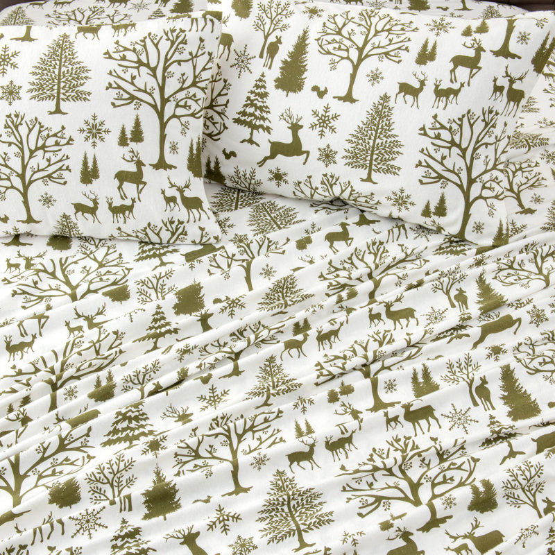 Twin Gray Holiday Print Cotton Flannel Sheet Set