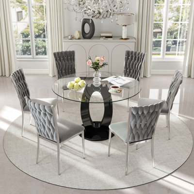 Ensemble de table de salle à manger haute brillance ronde en verre trempé