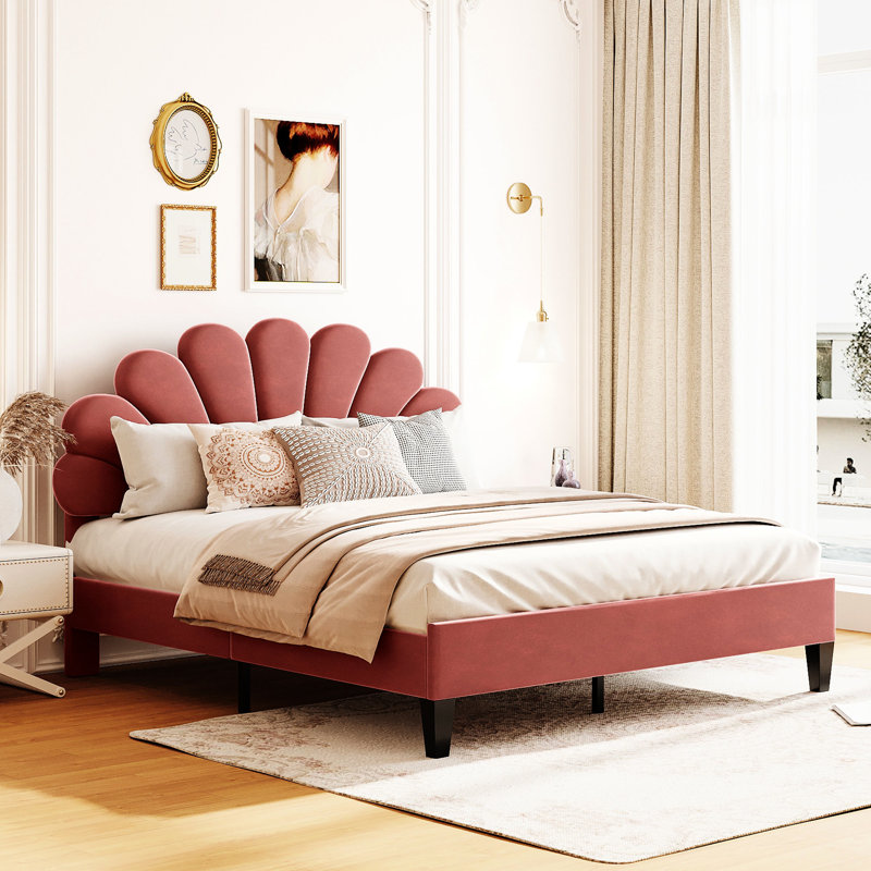 Lit tapissier attrayant de grande taille avec tête de lit en velours et tête de lit rouge, Queen, Bean Paste Red
