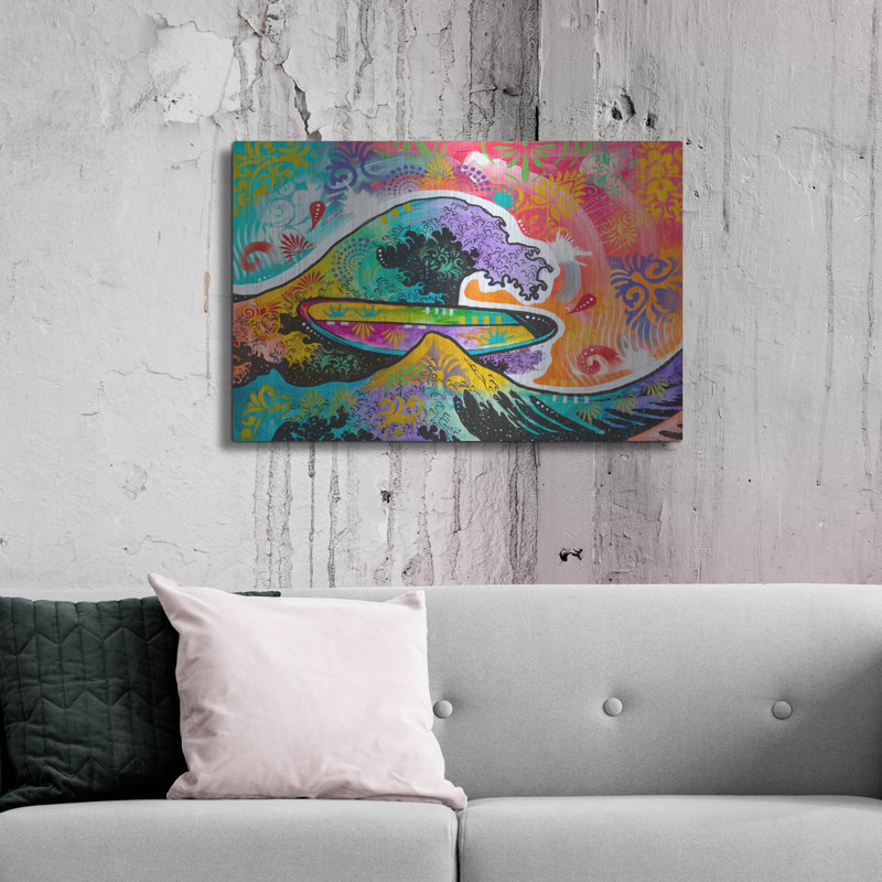 Dakota Fields «Surf Hokusai» par Dean Russo, art mural en métal, H 24 po x l 36 po
