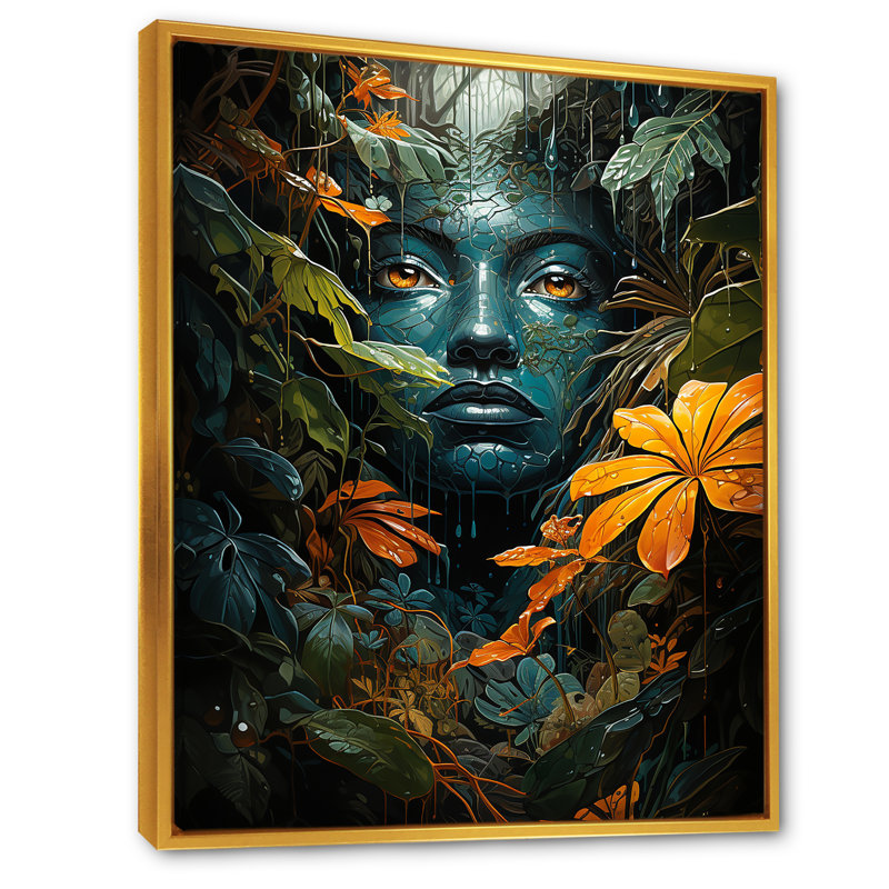 Amazonie tropicale, portrait de femme 1 - Jungle, art mural, Cadre flottant doré, H 20 po x l 12 po x P 1 po
