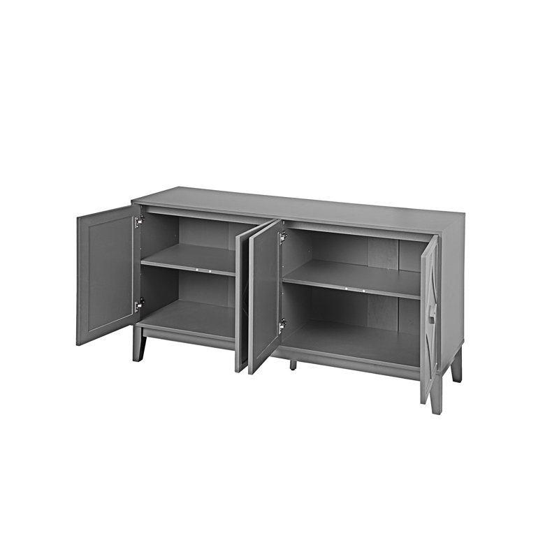 Armoire de rangement rétro à 4 portes avec motif géométrique sculpté à la main et tablettes réglables