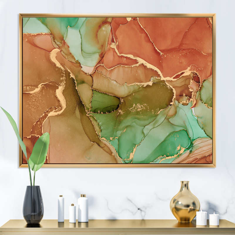 Turquoise et brun luxueux abstrait fluide V - peinture sur toile, H 16 po x l 32 po x P 1 po, Cadre flottant doré