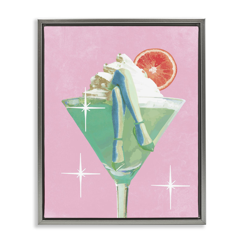 «Glam Legs with Cocktail Floater», art mural par Lil 'Rue, H 31 po x l 25 po, Cadre flottant gris lustré